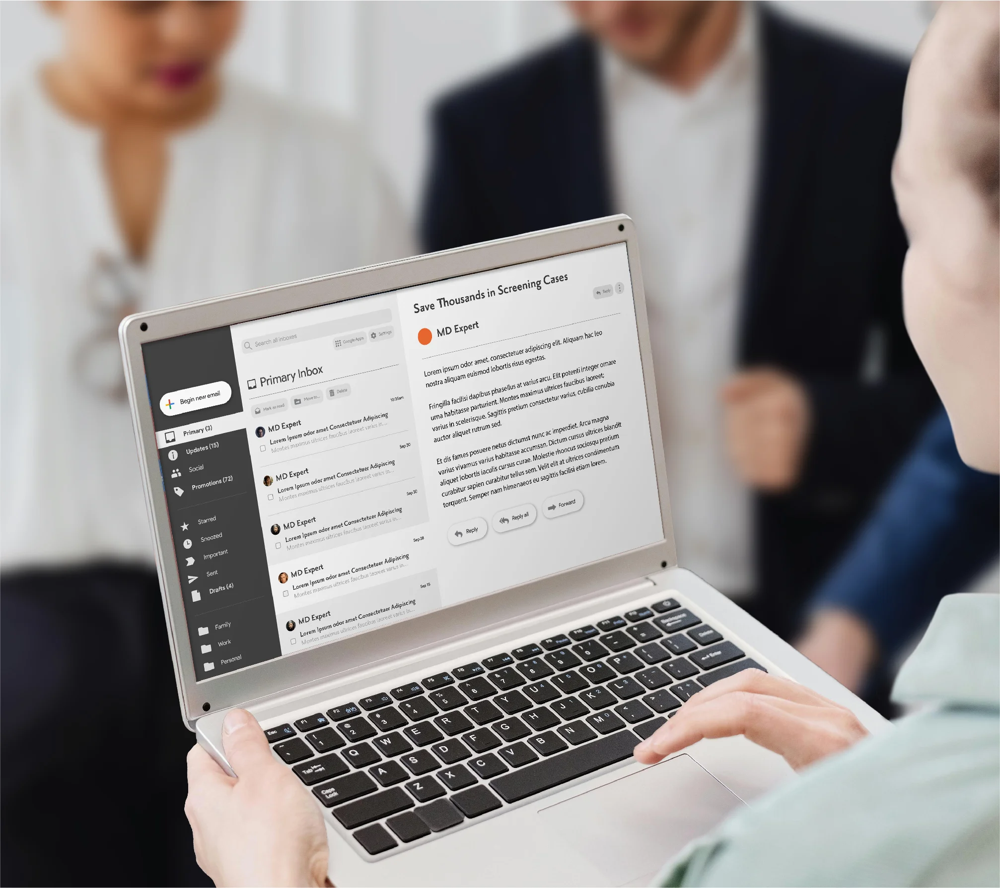 A person reading emails from Mequest medical experts on their laptop.